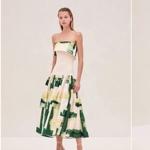 ALEXIS NWT Robia Dress Size large Strapless Green Brushstroke Print Midi Dress